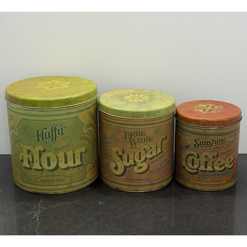Vintage Ballonoff Flour Sugar Coffee Tin Canister Set MCM Retro Kitchen Litho US